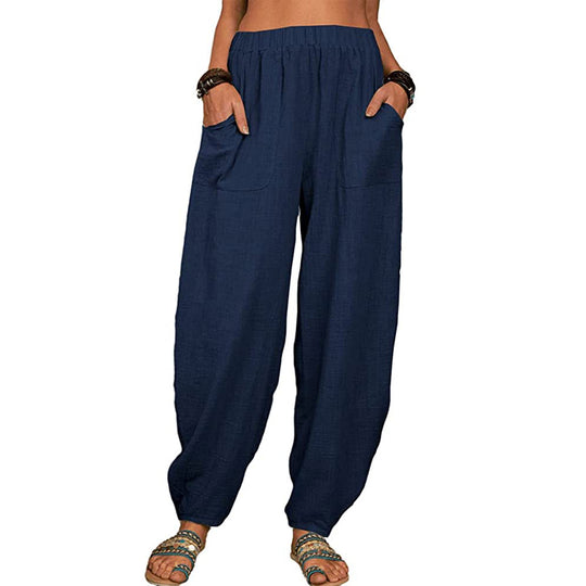 Damen nan lockere Leinenhose mit weitem Bein elastischem Bund und großen aufgesetzten Taschen EB