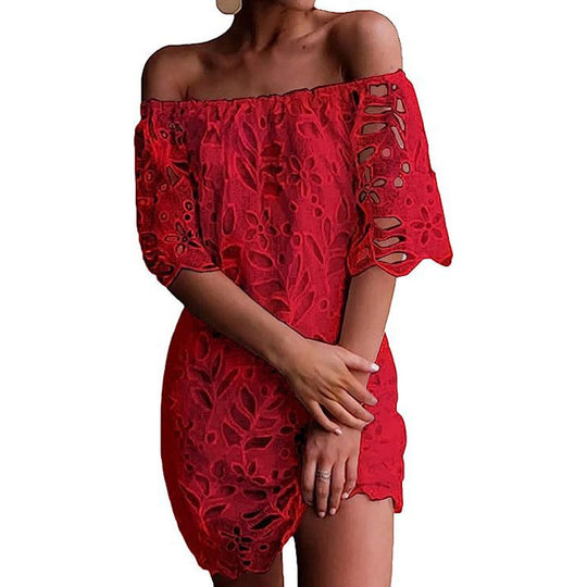 Damen Off-Shoulder Kleid mit floralen Cut-Outs und luftigen Ärmeln EB