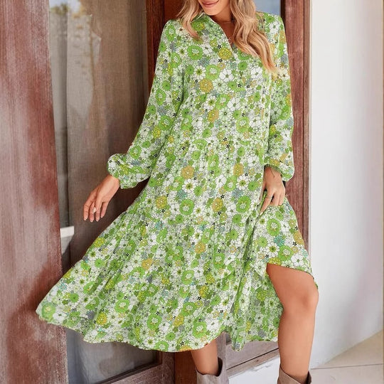 Damen lässiges Midikleid mit floralem Muster und asymmetrischen Saum EB