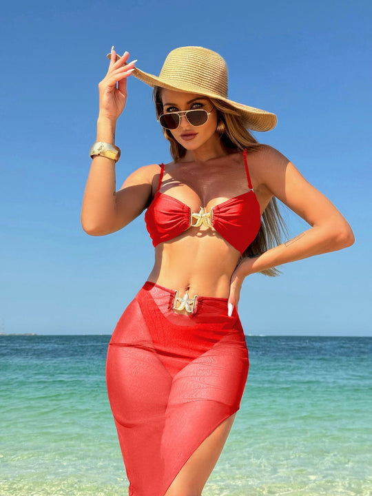 Damen Bikini mit einzigartiger Schnalle und transparentem Rock EB