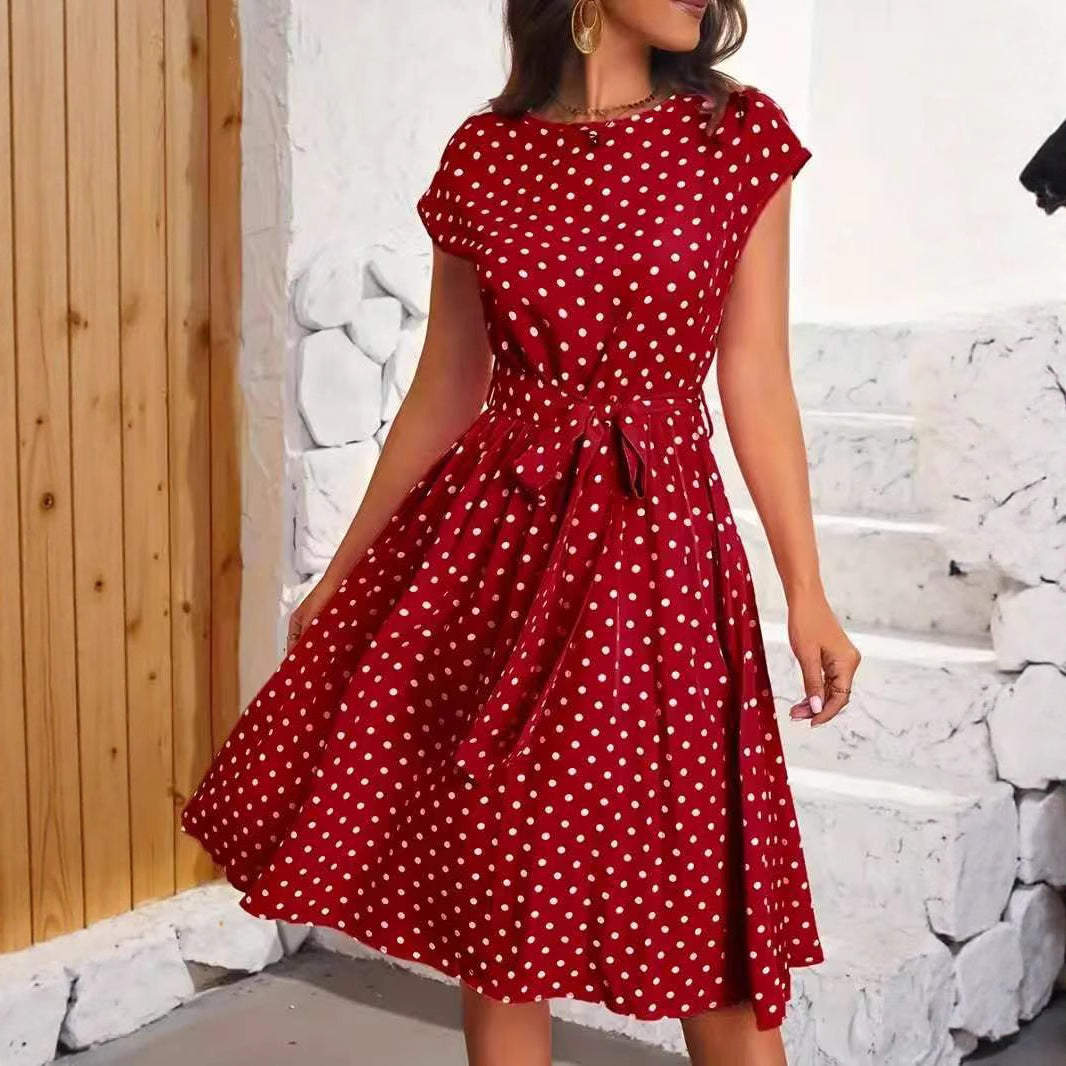 Damen Midikleid mit taillierendem Bindegürtel und verspieltem Polka-Dots Design EB