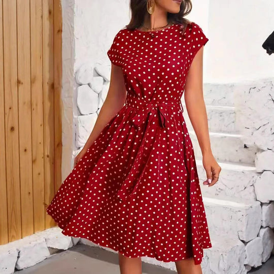 Damen Midikleid mit taillierendem Bindegürtel und verspieltem Polka-Dots Design EB