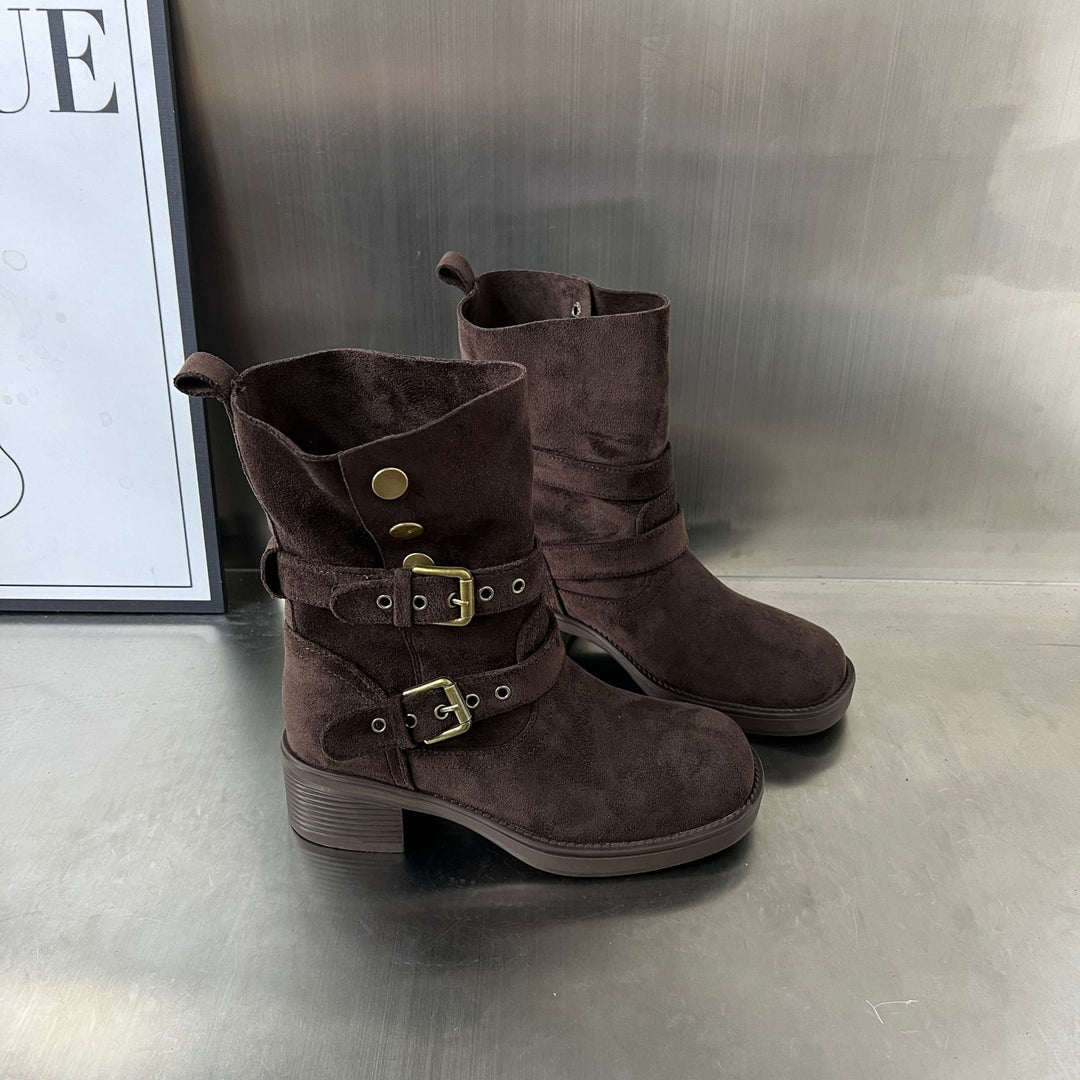Damen Modische Stiefeletten mit eleganten Schnallen und bequemer Absatzhöhe EB