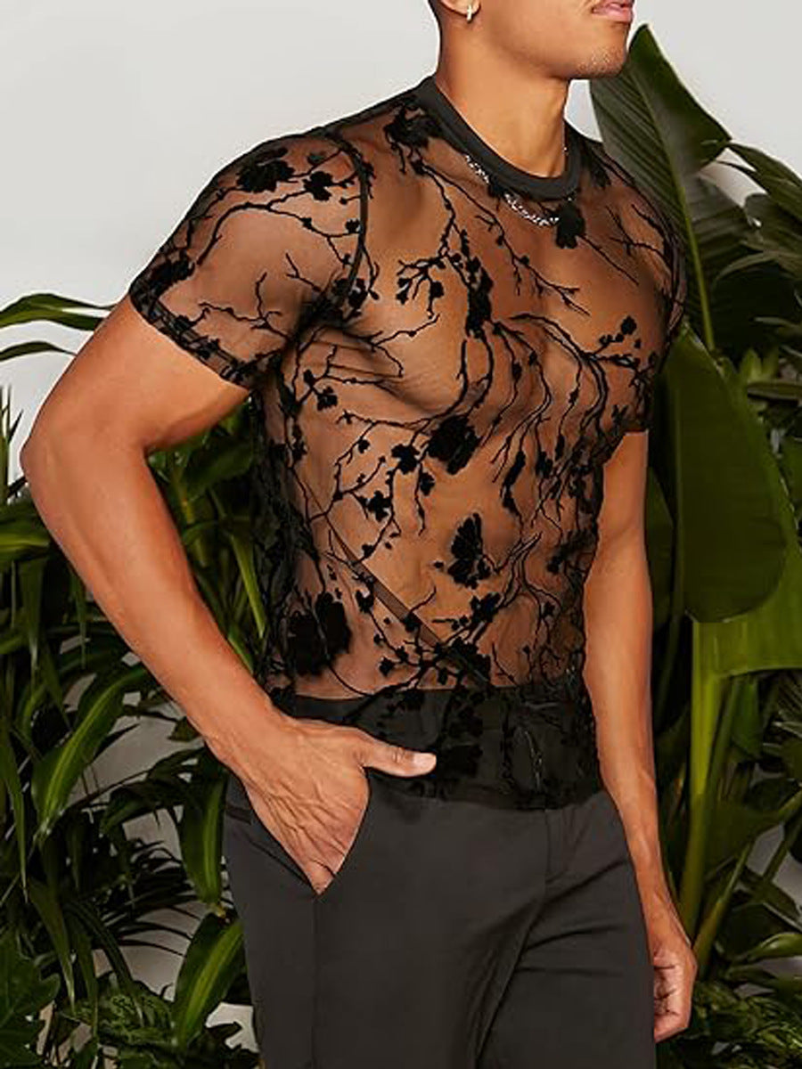 Herren Netz-T-Shirt mit floralem Design und elastischen Abschlüssen EB