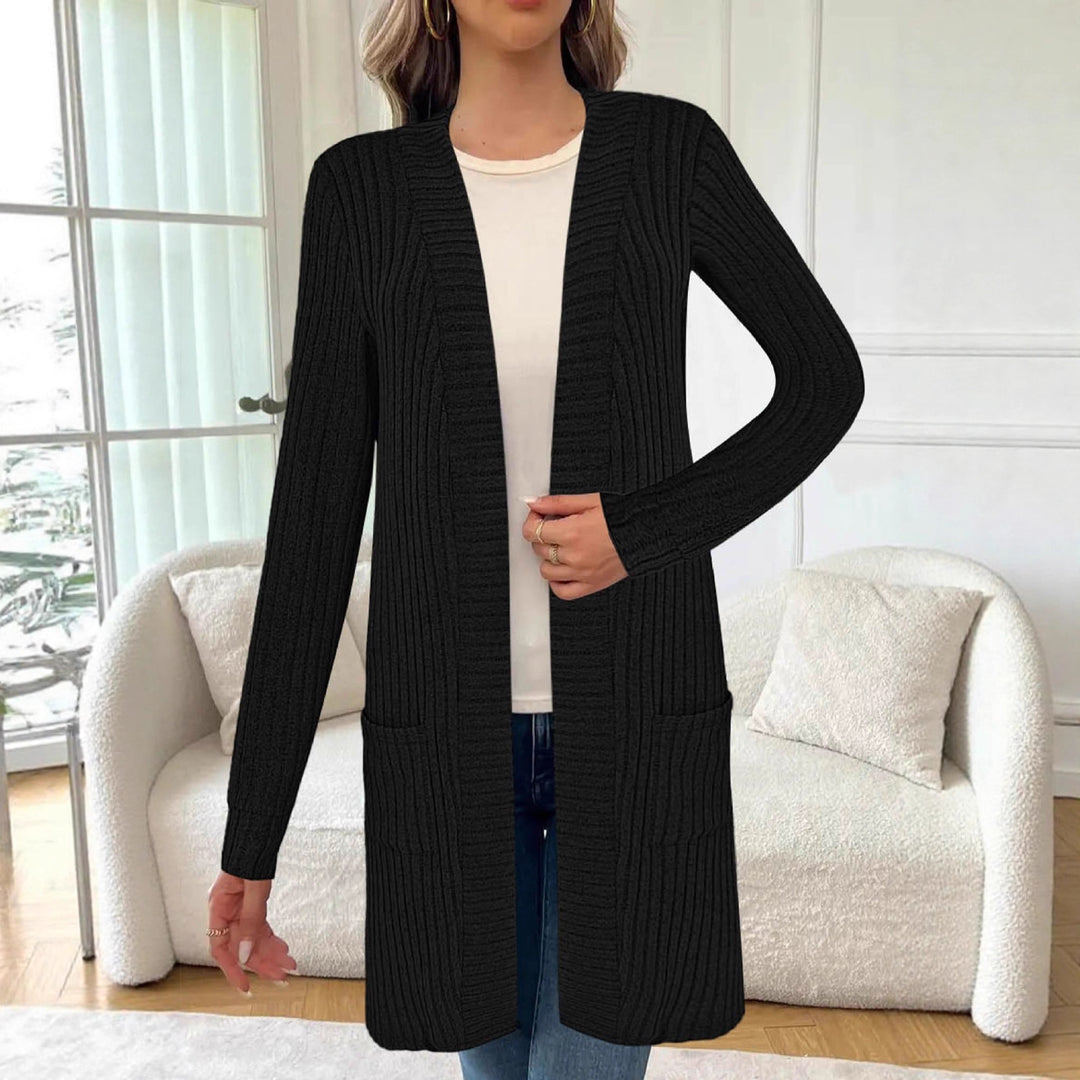 Damen modischer gestrickter Longcardigan mit praktischen Taschen EB