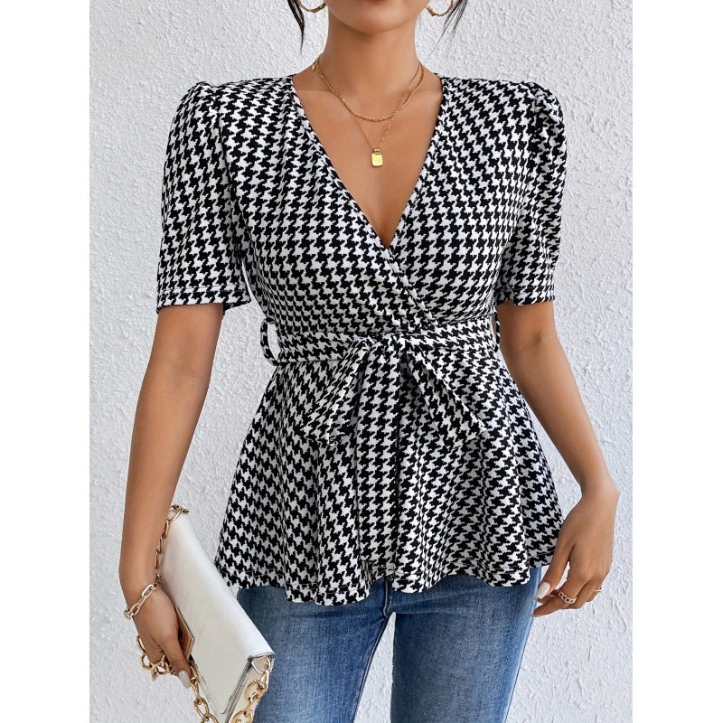 Damen Wickelbluse mit lässigem Schnitt und modischem Hahnentritt-Muster EB