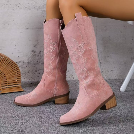 Damen nan Kniestiefel im Westernstil mit mittelhohem Blockabsatz seitlichem Reißverschluss und gesticktem Wildlederfinish EB