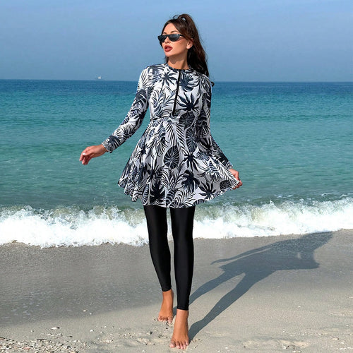Damen modischer Longsleeve-Badeanzug mit Rock EB