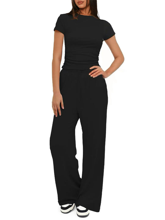 Damen Bequemes Lounge-Set mit figurbetontem Oberteil und weit geschnittenen Hosen EB