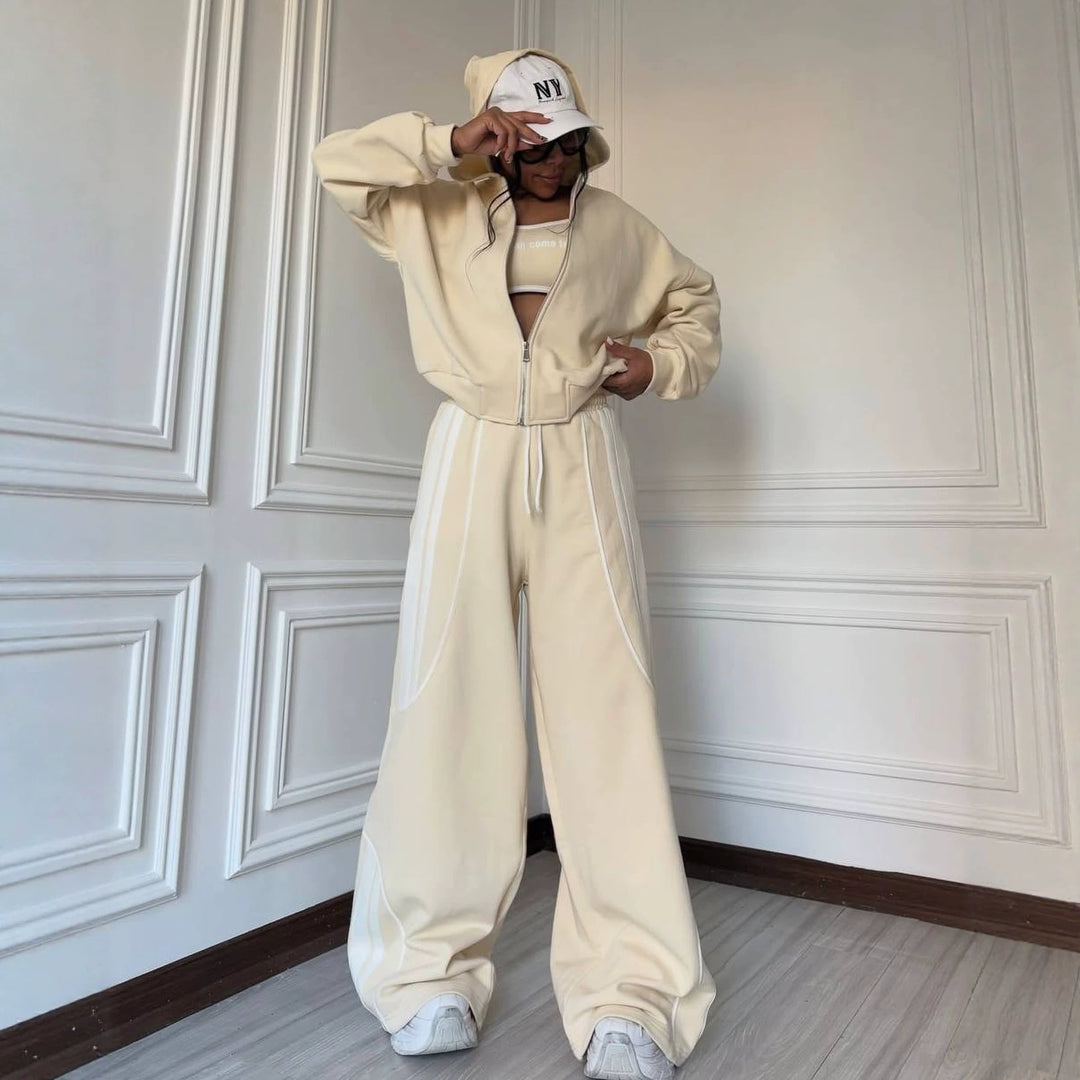 Damen Oversize Kapuzen-Sweatjacke mit Reißverschluss und weitem Trackpant-Set EB