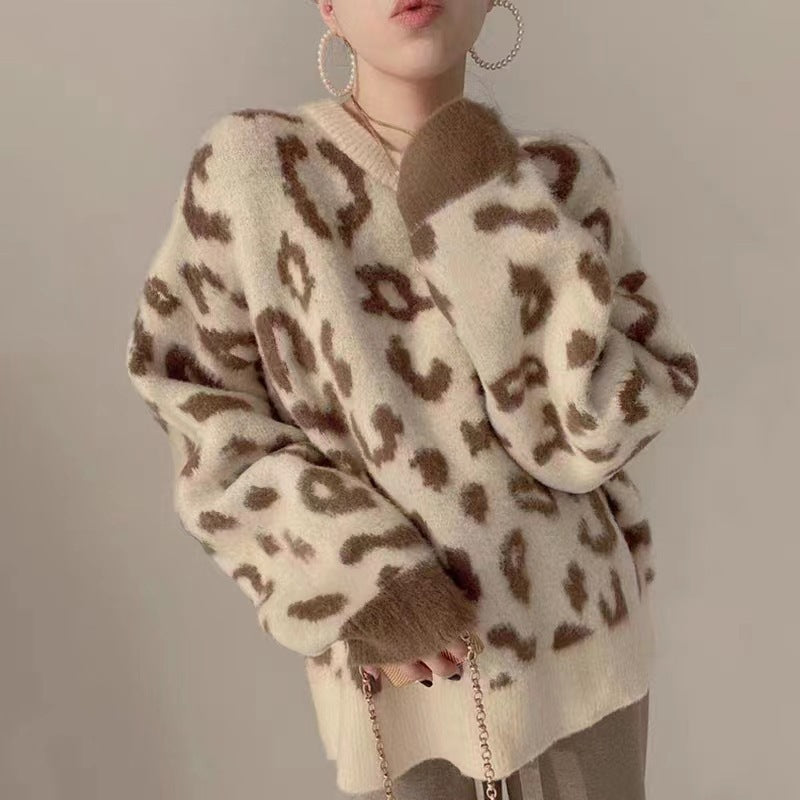 Damen Flauschiger Leopardenmuster Pullover EB