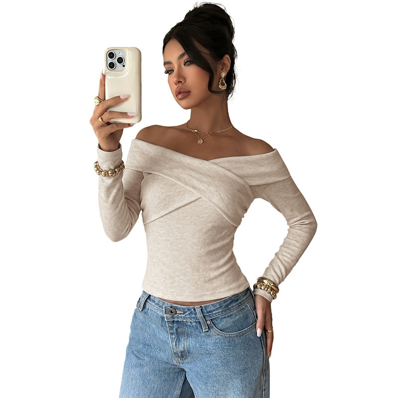 Damen Schulterfreies Wickel-Longsleeve mit Carmenkragen und taillierter Passform EB