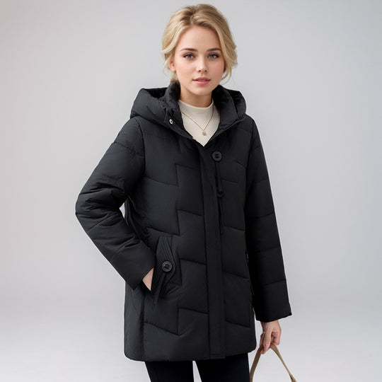 Damen modische gesteppte Winterjacke mit Kapuze und großen Taschen EB