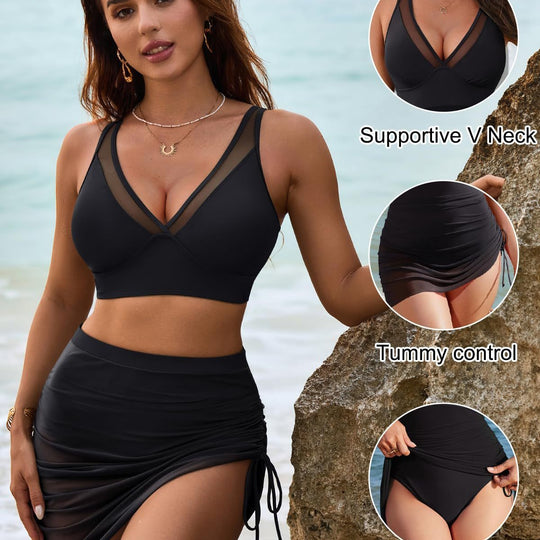 Damen Bikiniset mit verstellbaren Trägern und gerafftem Rock EB
