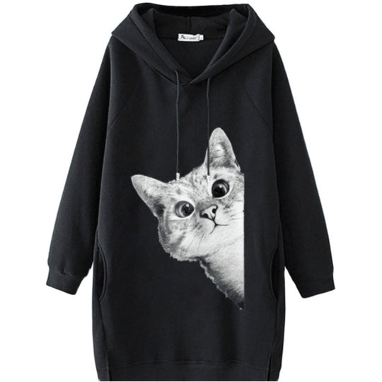 Damen Oversize Kapuzenkleid aus Sweat mit großem Katzenprint und Seitentaschen EB