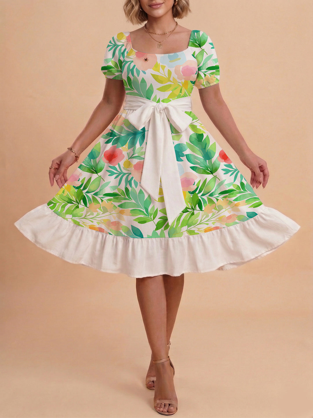 Damen Blumenkleid mit taillierbarem Gürtel und voluminösen Ärmeln EB