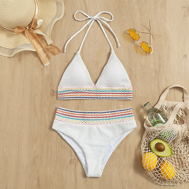 Damen Bikiniset mit hochgeschnittenem Höschen und buntem Wellenmuster EB