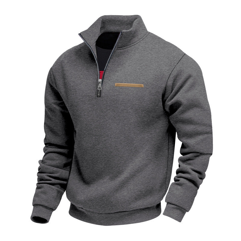 Herren nan Sweatshirt mit halbem Reißverschluss, Stehkragen und Brust-Welttasche EB