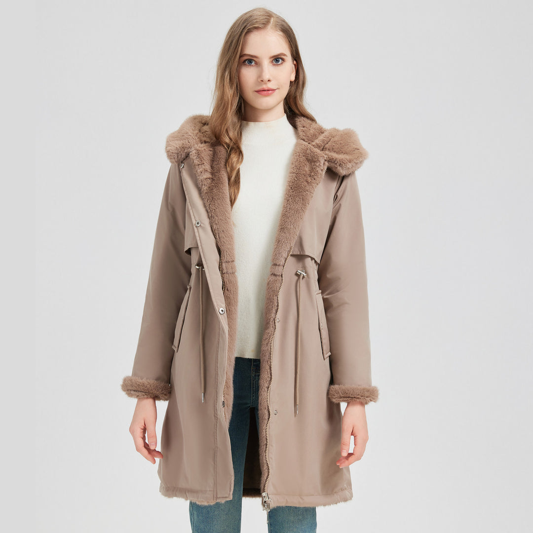 Damen Eleganter und warmer Parka mit abnehmbarem Kunstfellkragen und praktischen Schnürdetails EB