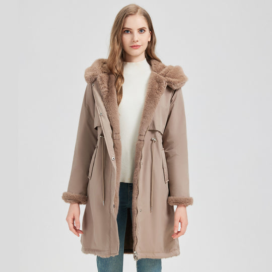 Damen Eleganter und warmer Parka mit abnehmbarem Kunstfellkragen und praktischen Schnürdetails EB