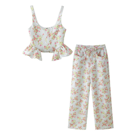 Damen Blumenmuster Crop-Top und Hose Set EB