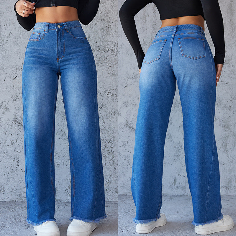 Damen Hochtaillierte Mom-Jeans mit lässigem Schnitt und fransigem Saum EB