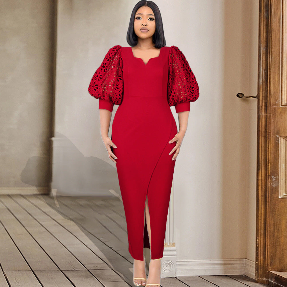 Damen elegantes Maxi-Kleid mit extravaganten Puffärmeln und schickem Schlitz EB