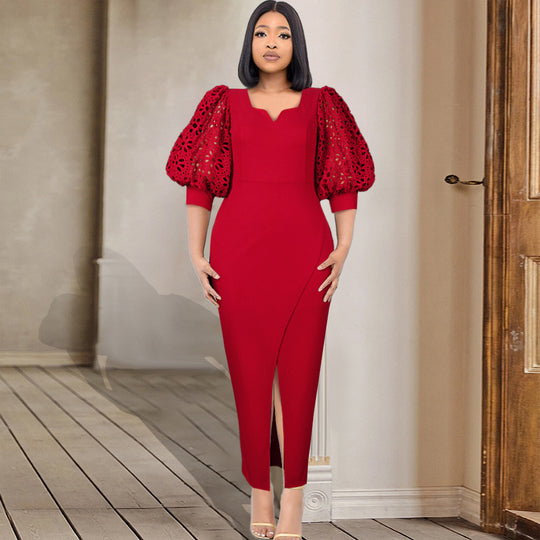 Damen elegantes Maxi-Kleid mit extravaganten Puffärmeln und schickem Schlitz EB