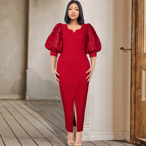 Damen elegantes Maxi-Kleid mit extravaganten Puffärmeln und schickem Schlitz EB