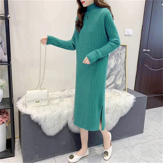 Damen Strickmaxikleid mit Hohem Kragen und Feiner Rippstruktur EB