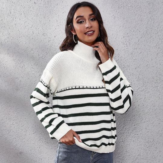 Damen Strickpullover mit hohem Kragen und modernem Streifenmuster EB