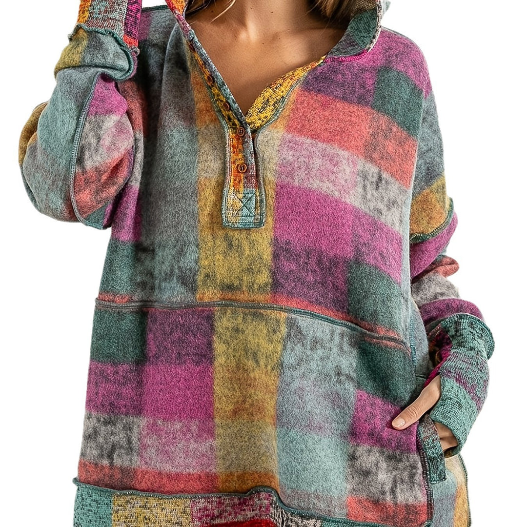 Damen lässiger Block-Check Pullover mit Kapuze und praktischen Taschen EB