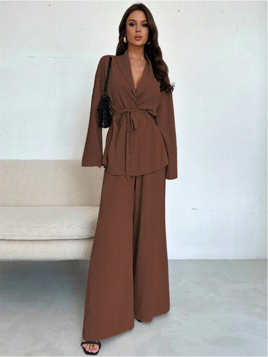 Damen Eleganter Oversized Jumpsuit mit Taillengürtel und breitem Bein EB