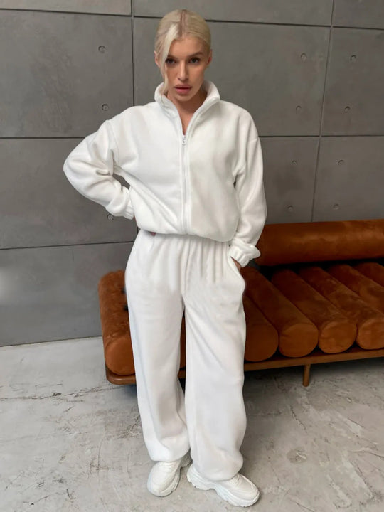 Damen Komfortables Fleece-Loungewear-Set mit kurzem Zip-Top und weiter High-Waist-Hose EB