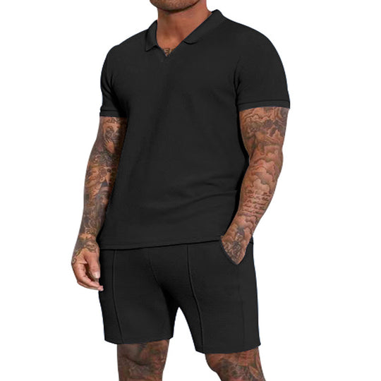 Herren nan kurzärmeliges Halbkragen-Strickset mit feiner Waffelstruktur und gerade geschnittenen Shorts EB