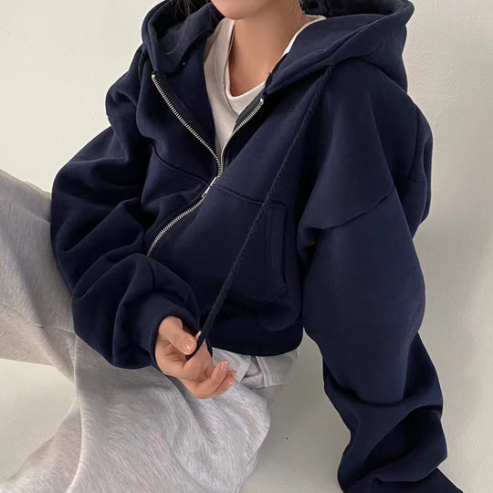 Damen nan oversized cropped Kapuzenjacke mit Reißverschluss und Ballonärmeln EB