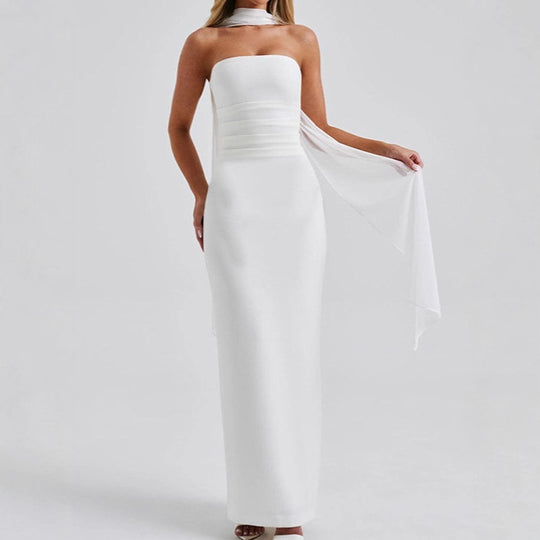 Damen Strapless Maxi-Kleid mit transparenten Ärmelakzenten und figurbetontem Schnitt EB