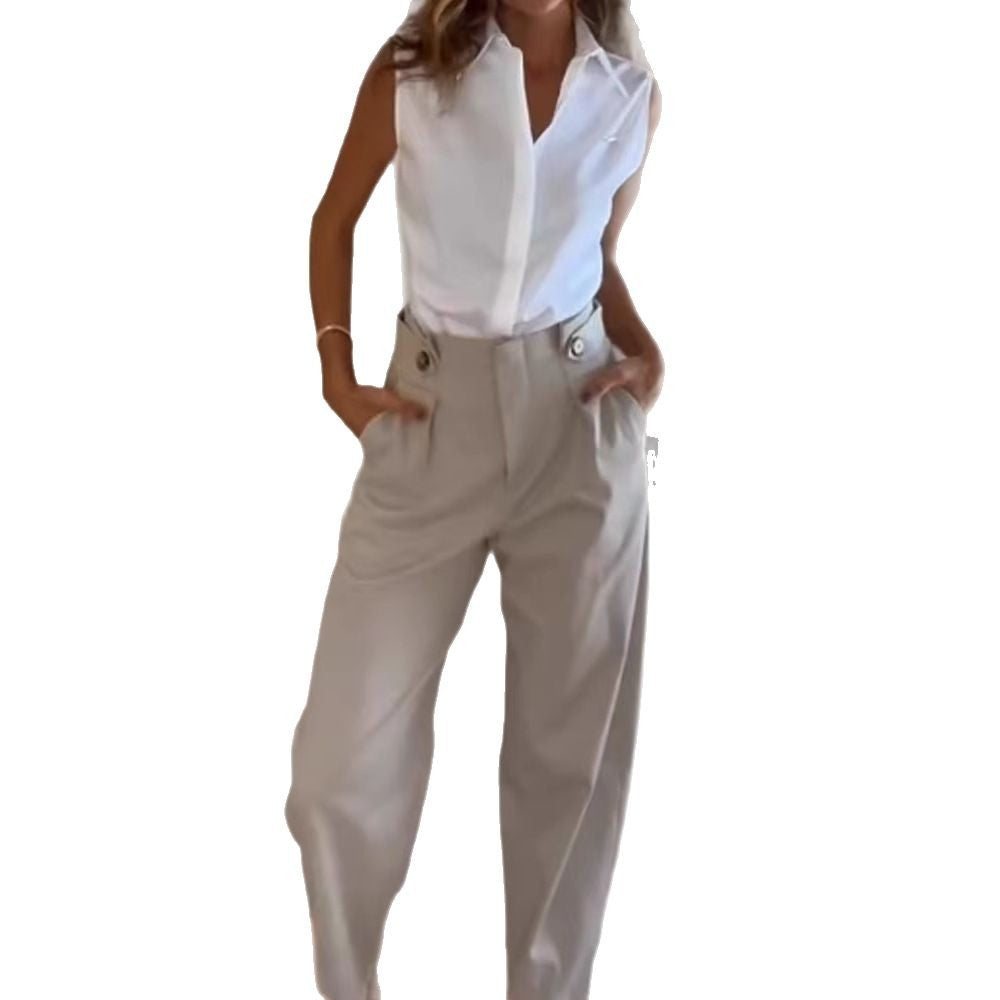 Damen Elegante Hochtaillierte Stoffhose mit Taschen EB