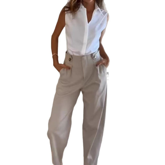 Damen Elegante Hochtaillierte Stoffhose mit Taschen EB