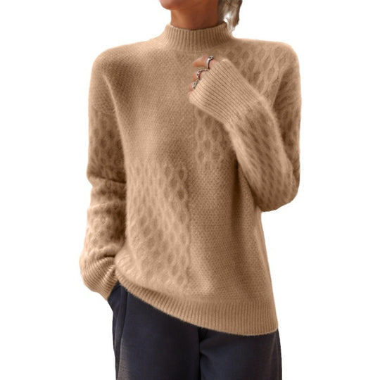 Damen nan lässiger Mohair-Mix Feinstrickpullover mit Strukturmix, Stehkragen und überschnittenen Schultern EB