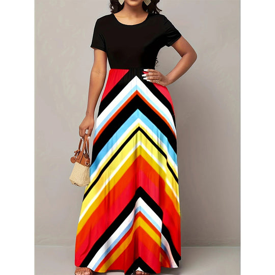 Damen Maxikleid mit modischem Zickzackmuster und kurzem Arm EB