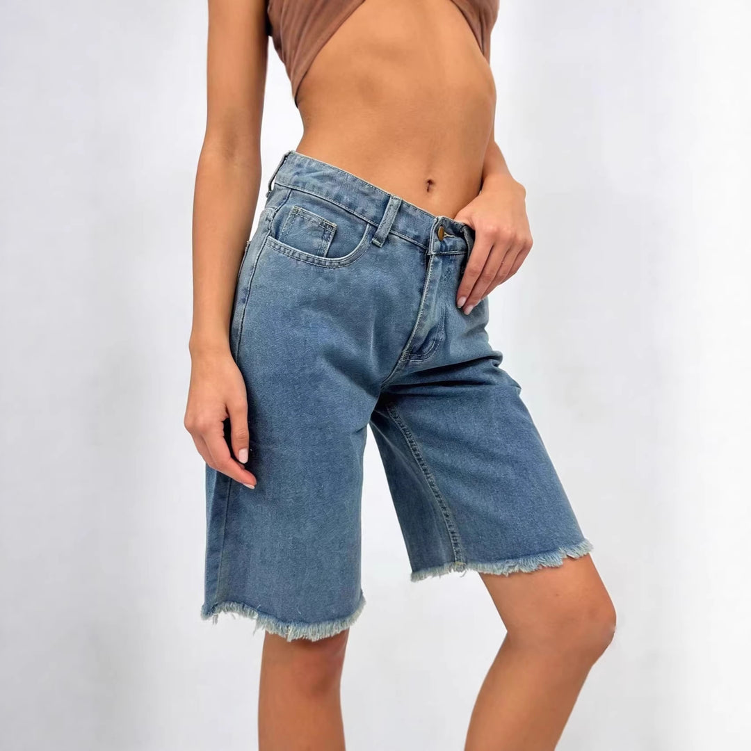 Damen lässige Denim-Shorts mit ausgefransten Säumen und hoher Taille EB