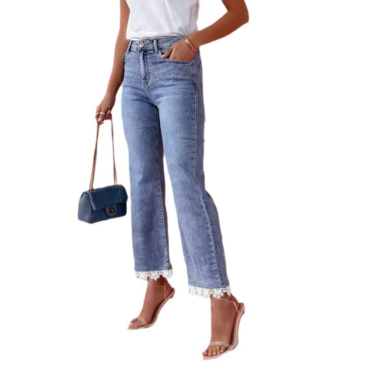 Damen Weit geschnittene Jeans mit Spitzenabschluss EB