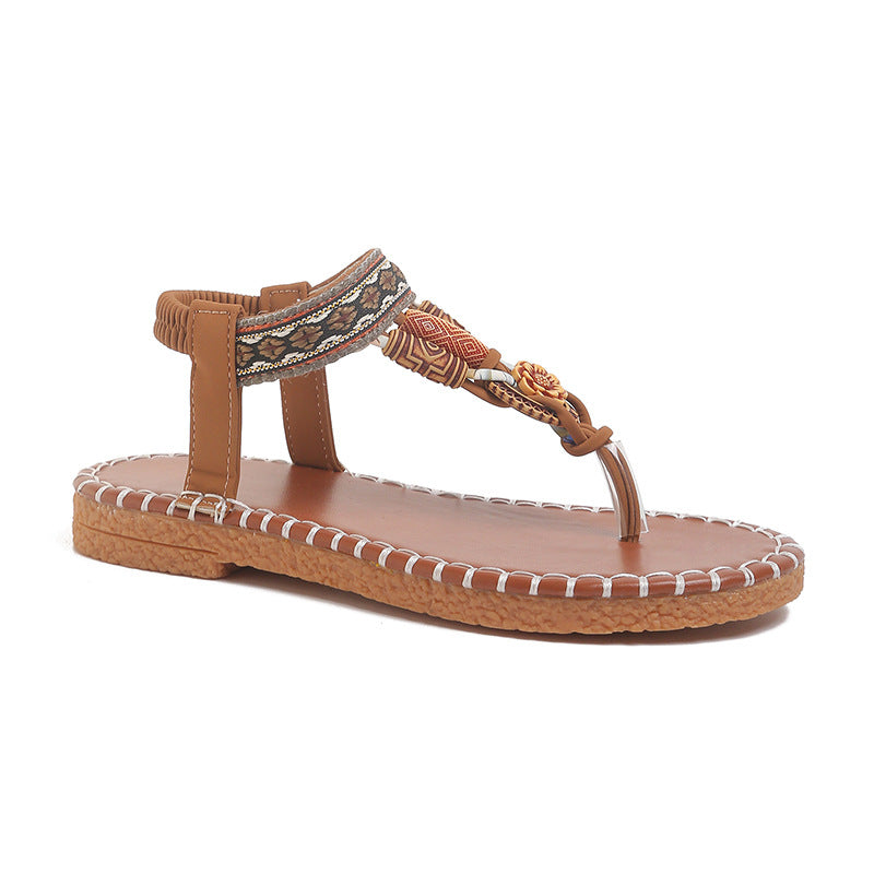 Damen Zehenstegsandalen mit kunstvoller Schmuckverzierung und bequemer Sohle EB