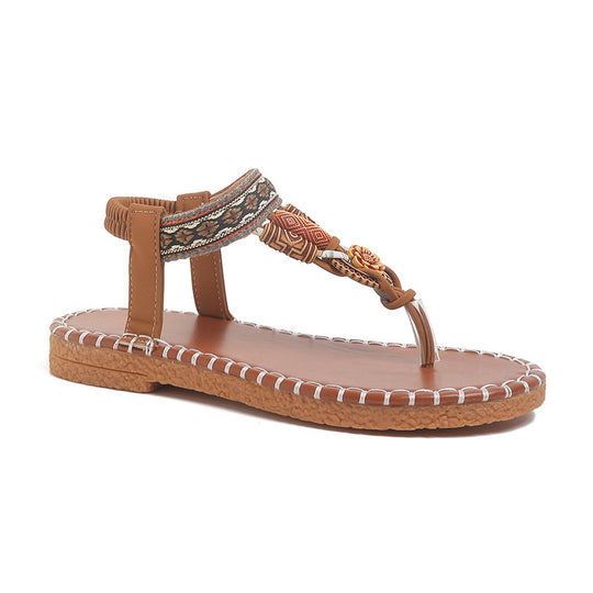 Damen Zehenstegsandalen mit kunstvoller Schmuckverzierung und bequemer Sohle EB