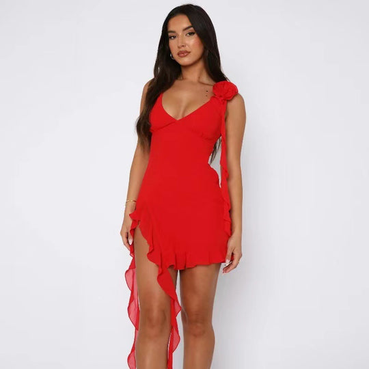 Damen Verspieltes Wickelkleid mit Rüschen und tiefem V-Ausschnitt EB