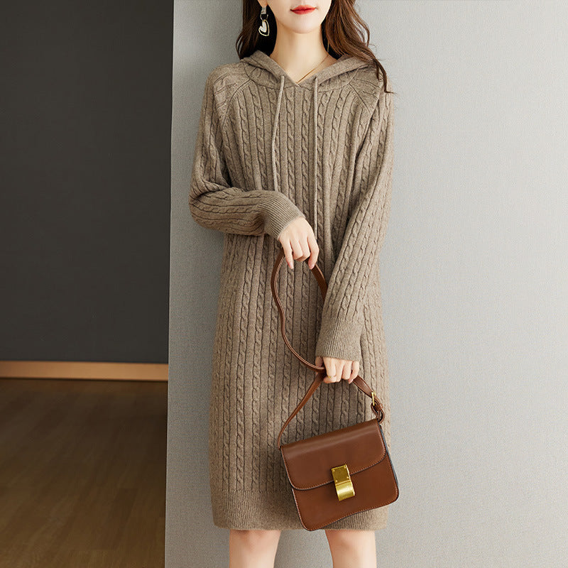 Damen Strick-Hoodie-Kleid mit Kordelzug EB