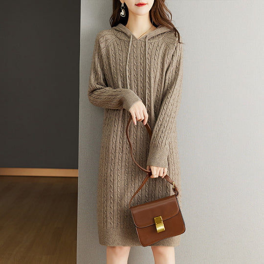 Damen Strick-Hoodie-Kleid mit Kordelzug EB