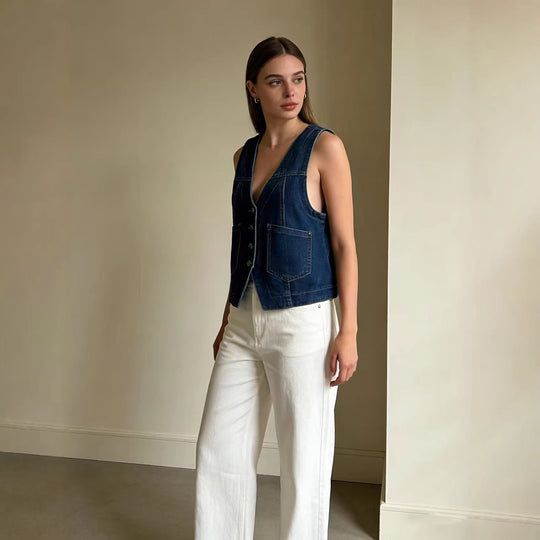 Damen lässige Denim-Weste mit Knopfdetails und aufgesetzten Taschen EB