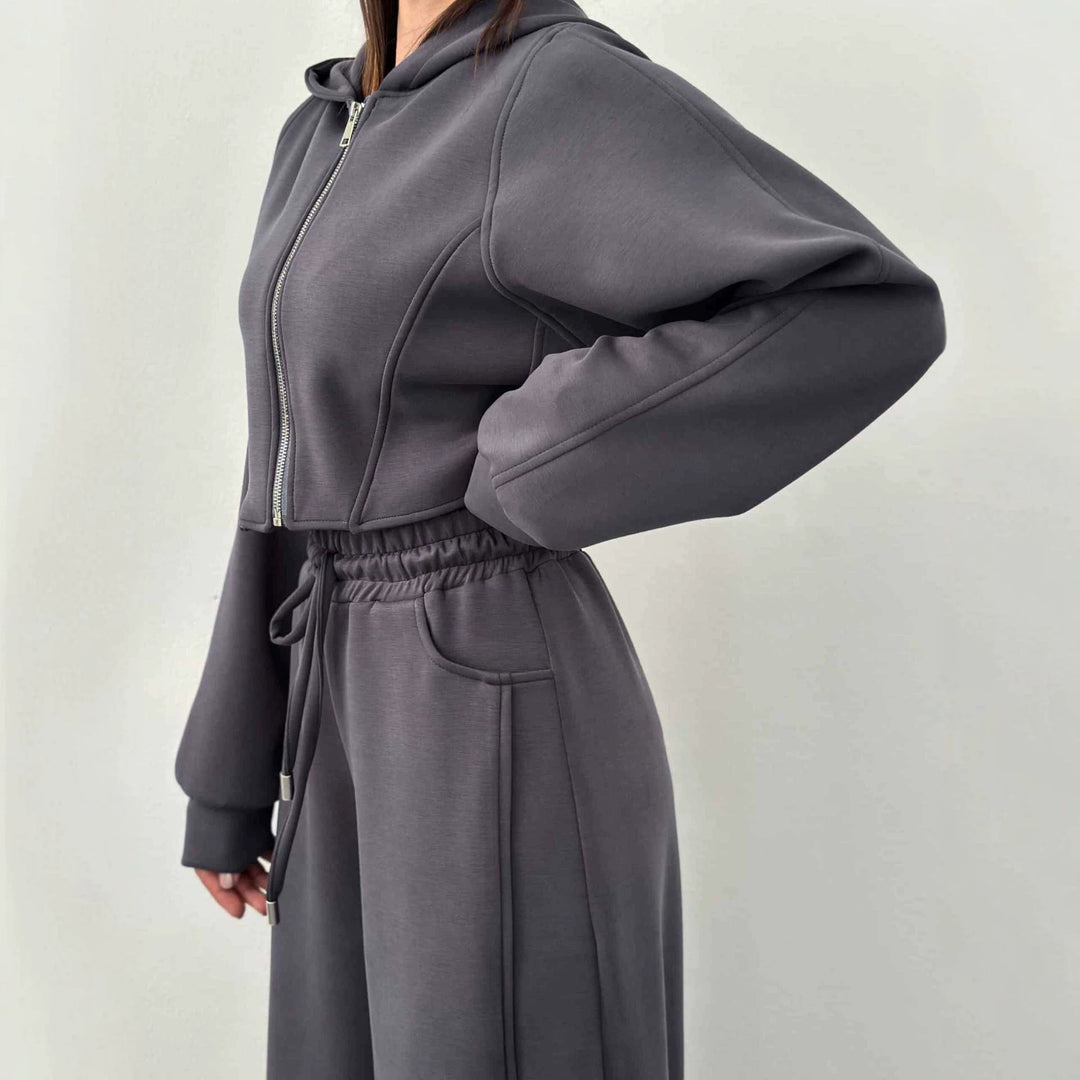 Damen nan weite Highwaist-Loungehose mit Tunnelzug, Eingrifftaschen und Ziernähten EB